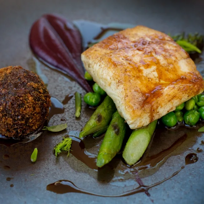 Halibut and asparagus dish at The Tickled Trout